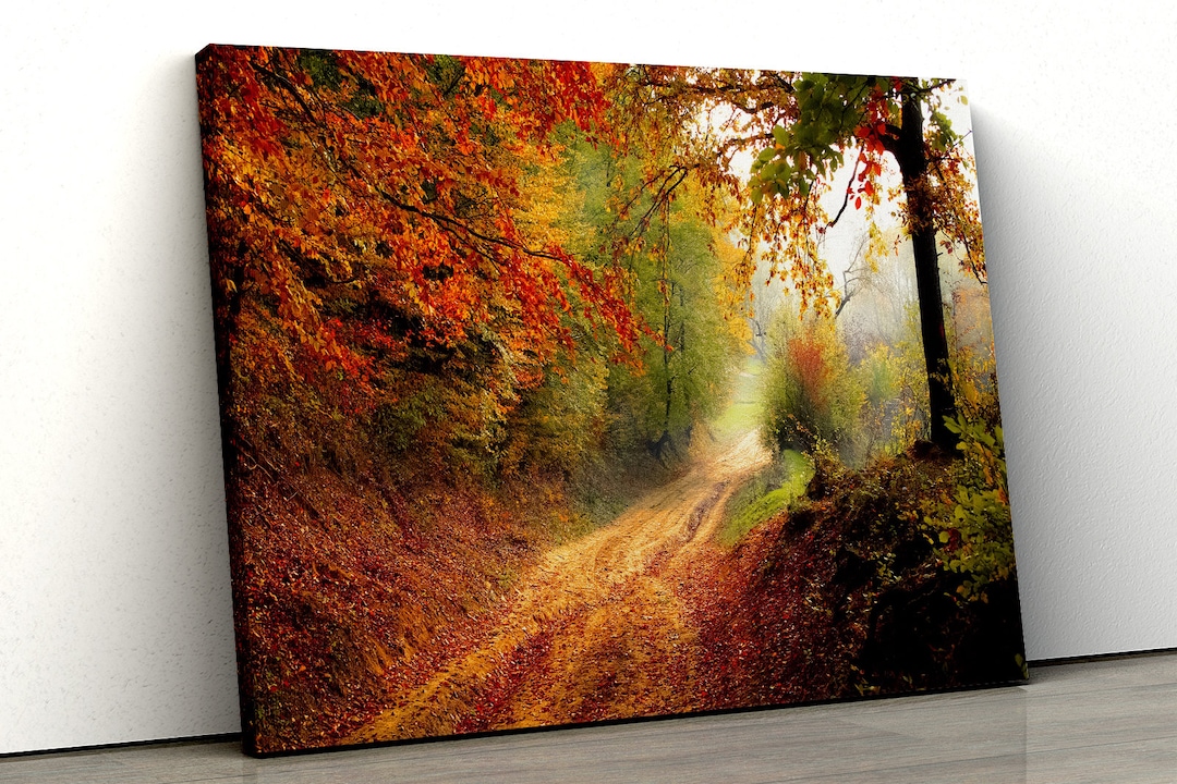 Autumn Road Red Orange Trees Forest Home Decor Framed Canvas Print Wall ...