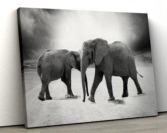 Two large Elephants Black and White Home Decor Framed Canvas Print Wall Art 128