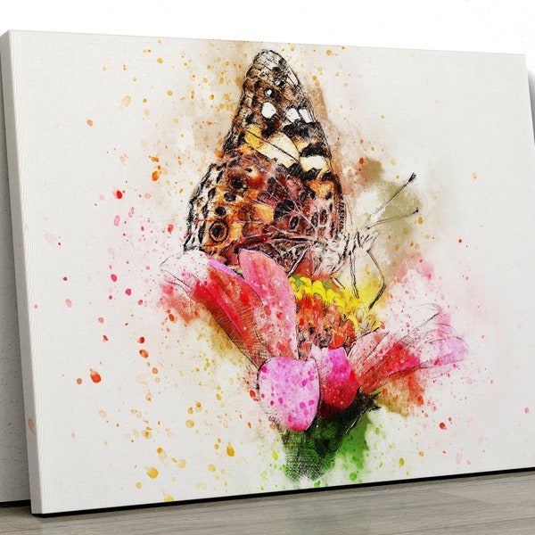Colourful butterfly water colour painting scene, splatter art nature Home Decor Nature Framed Canvas Print Wall Art pp491