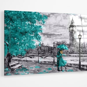 Teal green tree in a black and white London Big Ben premium Acrylic glass Print Wall Art bedroom decor canvas gift a373