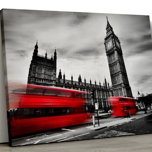 Red london bus black and white painting Framed Canvas Print Wall Art pp148