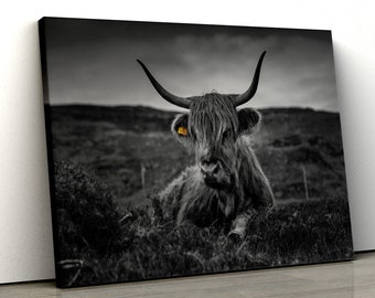 Highland Cow Black and White Framed Canvas Print Wall Art, kitchen art, bedroom art, butcher art, farm art, Poster, Artwork, gift pp480