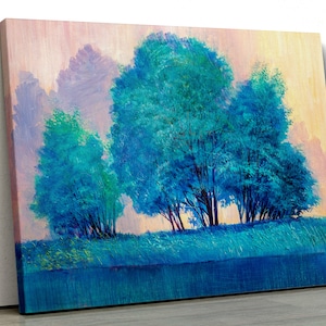 Blauwe Wintertaling abstracte bomen veld olieverfschilderij natuur Ingelijst Abstract Canvas Print Wall Art pp424