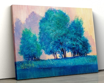 Blue Teal abstract trees field oil painting nature Framed Abstract Canvas Print Wall Art pp424