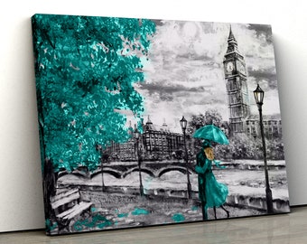 Large Teal tree set in a black and white london park Home Decor Nature Framed Canvas Print Wall Art pp373