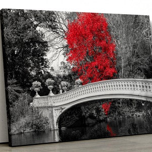 Red tree black and white bridge river scene Framed Canvas Print Wall Art pp184