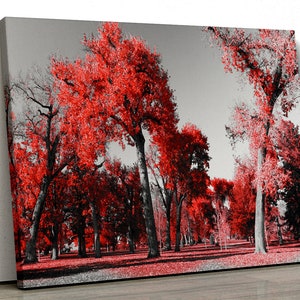 Large Red Forrest black white Home Decor Nature Framed Canvas Print Wall Art 108