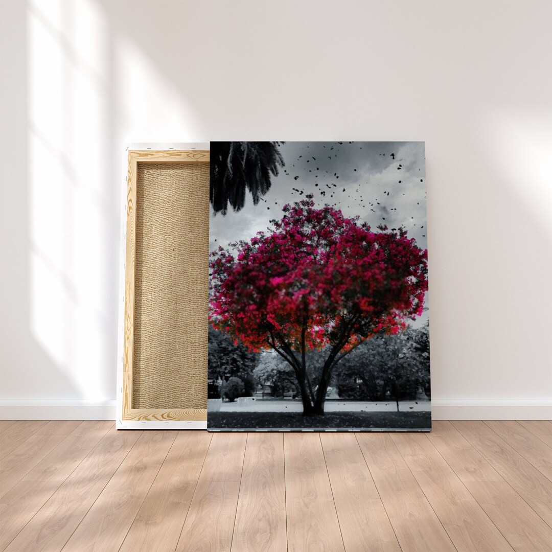 Red Tree Black and White Blossom Scene Home Decor Framed Canvas Print