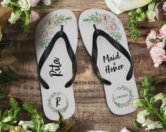 Personalized Floral theme Flip Flops / Gift for Guests / Bride / MOH / Bridesmaids / Bride Tribe / Fully Printed / NO peel or crack