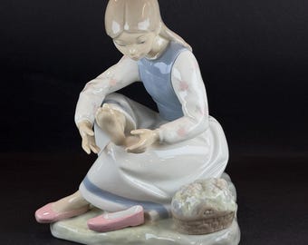 Nao by Lladro Figurine #105 Girl Taking Shoes Off, Retired Spanish Porcelain Girl Sitting on Rock