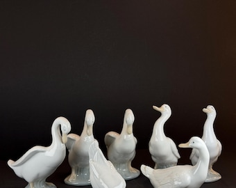 Vintage NAO by Lladró Porcelain Goose Figurine Set, White Glossy Bird Sculpture, Collectible Decor