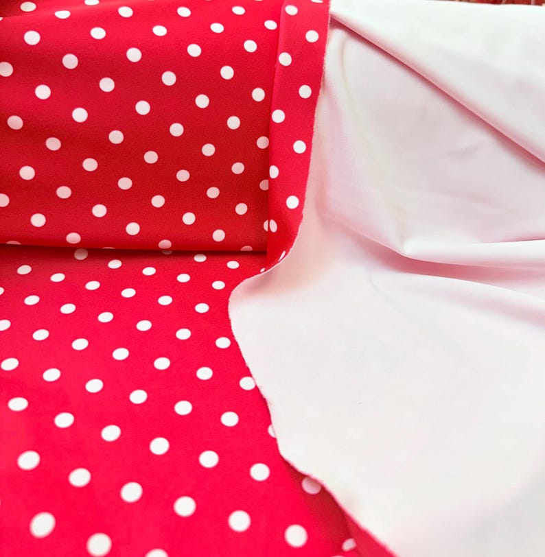 Polka dots poly spandex 4 way stretch fabric sold by yard 60” wide (multiple colors available) red/white