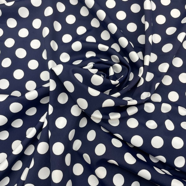 Blanc à pois base bleu marine nylon spandex tissu extensible 4 voies vendu par yard 60 » de large