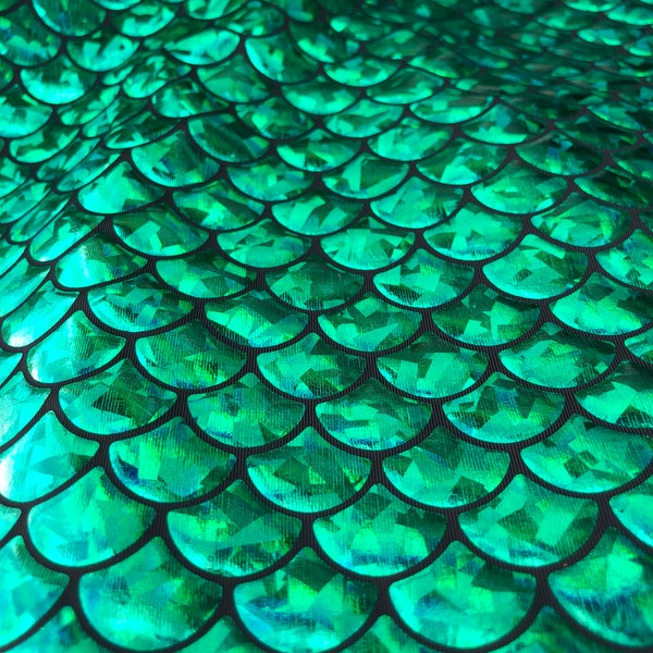 Green Foil  Hologram Fish Mermaid Scales Fabric on Black Spandex/ Fabric sold by Yard -