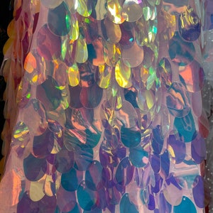 Pink Iridescent  Jumbo Tear Drop Dangling Sequins  on Light pink Mesh Base. Fabric sold by Yard. Backdrops, Kimono