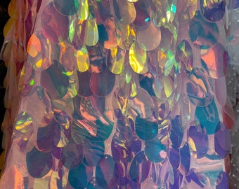 Pink Iridescent  Jumbo Tear Drop Dangling Sequins  on Light pink Mesh Base. Fabric sold by Yard. Backdrops, Kimono