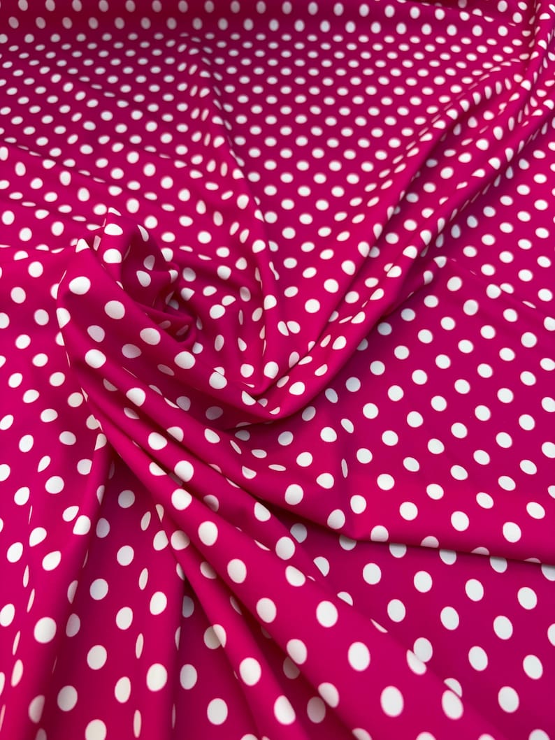 Polka dots poly spandex 4 way stretch fabric sold by yard 60” wide (multiple colors available) fuchsia pink/white