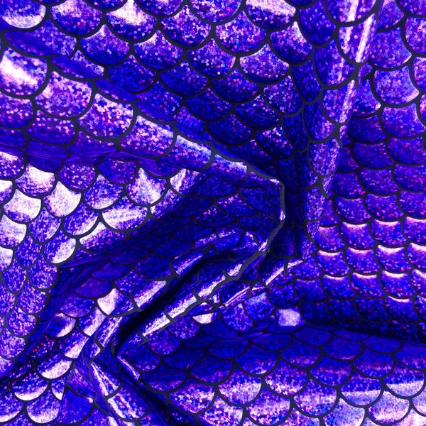 Purple Foil  Hologram Fish Mermaid Scales Fabric on Black Spandex/ Fabric sold by Yard -