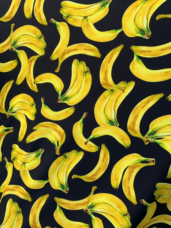 Bananas Print on Black Base Spanex Fabric Sold by the Yard 