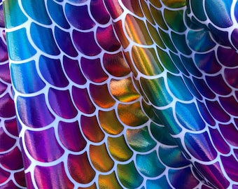 New rainbow Fish Mermaid Scale Fabric on white Spandex Fabric sold by Yard - Fish Scales