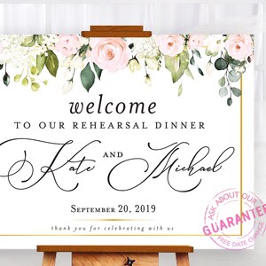 Cartel de la cena de ensayo / Cena de ensayo de bienvenida / Bienvenida / Rosas rosas blancas de acuarela