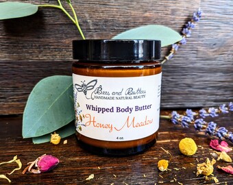 Honey Meadow Whipped Body Butter 4oz, Handmade Natural Beauty, Moisturizing Cream, Gift for Her/Mom, Nontoxic, Soft Skin, Organic Ingredient