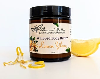 Lemon Ylang Whipped Body Butter 4oz, Handmade Natural Beauty, Moisturizing Cream, Gift for Her/Mom, Nontoxic, Soft Skin, Organic Ingredient