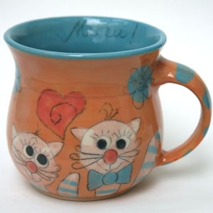 Lieblingstasse mit Katzendekor Tasse aus Keramik / handgemacht / Kindertasse oder Kaffeetasse / spülmaschinenfest / 1308 Bild 1