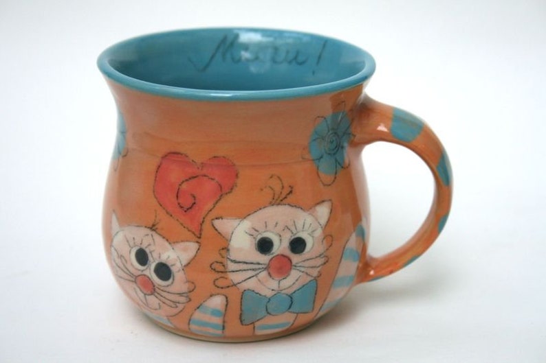 Lieblingstasse mit Katzendekor Tasse aus Keramik / handgemacht / Kindertasse oder Kaffeetasse / spülmaschinenfest / 1308 Bild 1