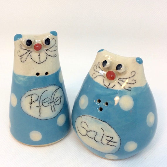 Salzstreuer & Pfefferstreuer aus Keramik / Set / Katzenmotiv / handgemacht / bunt /spülmaschinenfest / Deutschland/ 2323