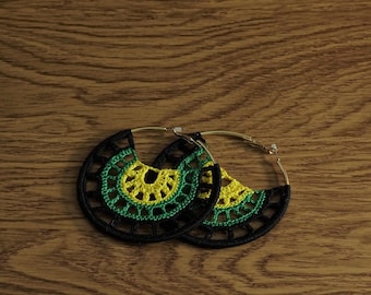 Crochet Hoop Earrings - Jamaican Flag Colours - Large Hoop Earrings - Caribbean Earrings -