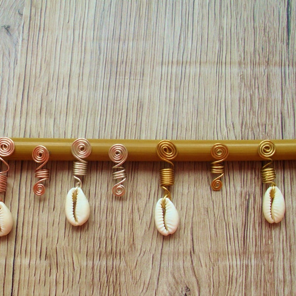 Cowrie Shell and Double Spiral Loc Bead Set - Available in Brass, Gold, Rose Gold or Silver - Loc Jewelry - Braids and Natural Hair Jewelry