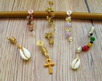 Loc Jewelry - Gold Loc Bead with Ankh Charm - Silver and Rose Gold Crystal Wire Loc Bead- Loc Jewellery- Gold Cowrie Shell Loc Bead
