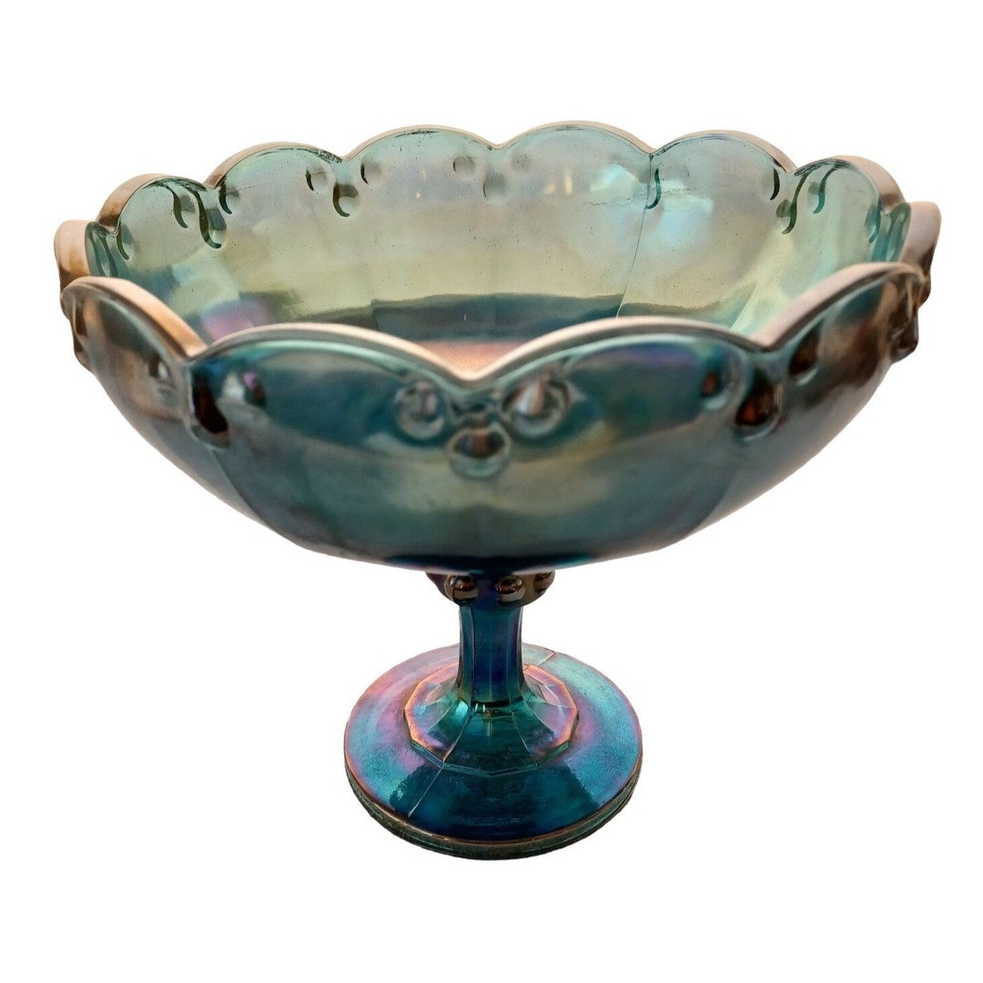 Blue Carnival Glass Pedestal Candy Dish Iridescent Compote Fruit Bowl