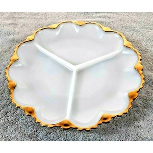 Vintage Fire King White Gold Trim Serving Plate Anchor Hocking Milk Glass 9.75&quot;