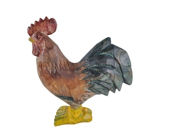 Vintage 9,5"Tx8"L fait main bois coq verre yeux collection volaille des années 1990