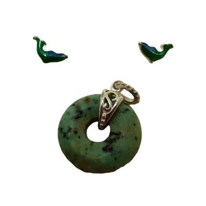Jade .75&quot; Pendant .925&quot; Sterling Silver + Dolphin Stud Earrings Set Fine Jewelry