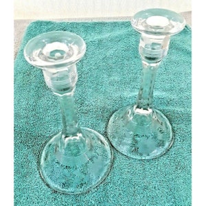 2 Vintage Crystal 7.5&quot; x 4.25&quot; Candlestick Holders Floral Etched Faceted Stems