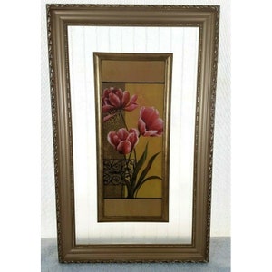 Floral Art Print Clear Textured Glass Matted Wood Frame 16&quot; x 10&quot; Modern Deco