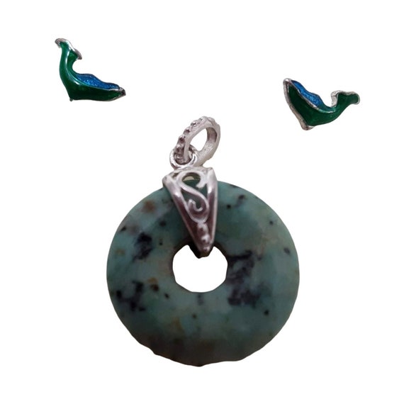 Jade .75" Pendant .925" Sterling Silver + Dolphin… - image 6