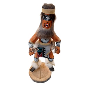 1990&#39;s Hopi Wolf Kachina Doll Handmade Wood 10&quot; Signed Detail Native Am Vintage