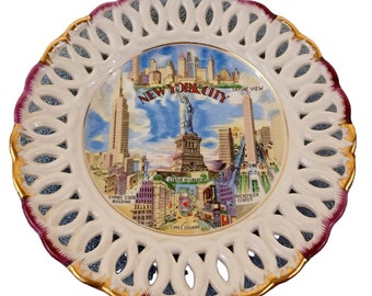 1960's New York City 8" Hand Painted Collector Plate Gold Red Trim Lace Edges