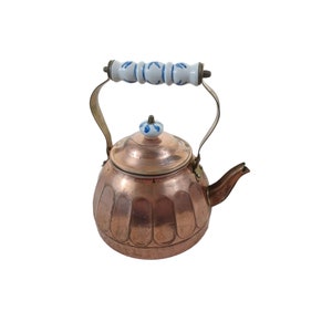 Teapot 9&quot;x9&quot; Copper Pot w/ Lid Porcelain Moveable Flip Handle  4C Vintsge Korea