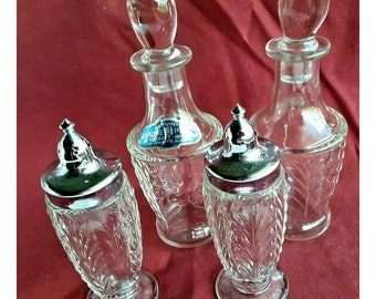 Vintage ~ Jeannette Glass Co Lot of 4 Vinegar Oil Cruets & Salt Pepper Table USA