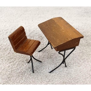 Dollhouse Miniature 2.5&quot; Wood Desk & Chair Metal Legs Vintage 1960&#39;s Taiwan