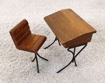 Dollhouse Miniature 2.5" Wood Desk & Chair Metal Legs Vintage 1960's Taiwan