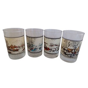 1980&#39;s Set of 4 Currier & Ives Winter Scenes Bar Glasses Heavy Bottoms 4.75&quot;x 3&quot;