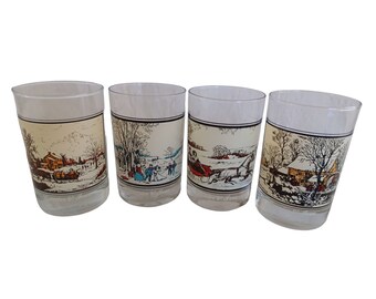 1980's Set of 4 Currier & Ives Winter Scenes Bar Glasses Heavy Bottoms 4.75"x 3"