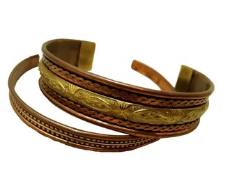 Lot of 2 Copper Cuff Bracelets Brass Accent Vintage 1960's Southwest .75" & .25"