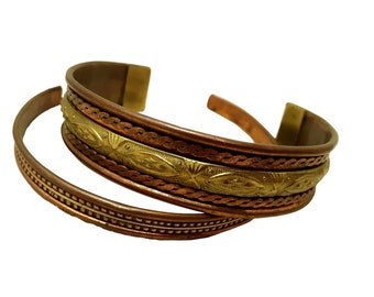 Lot of 2 Copper Cuff Bracelets Brass Accent Vintage 1960&#39;s Southwest .75&quot; & .25&quot;